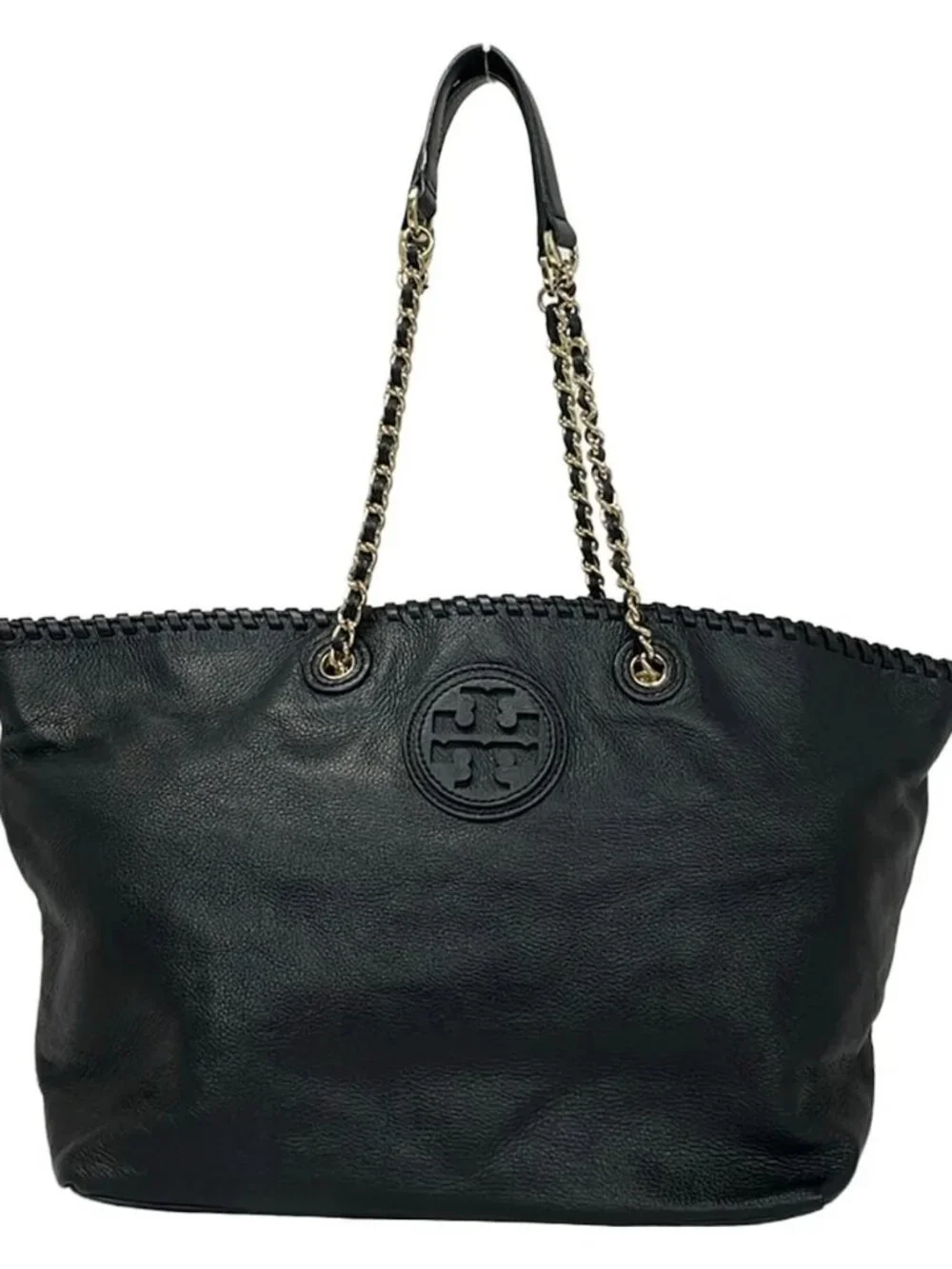 TORY BURCH Black Gold Leather Hardware Tote Bag